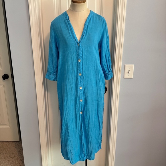 Zara XS Blue 100% Linen Button Down Midi Dress ~ Lagenlook Coastal Beach - Picture 1 of 8